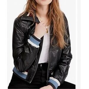 We The Free Free People Black Leather Bomber Jacket Striped‎ Trim XS OB534951